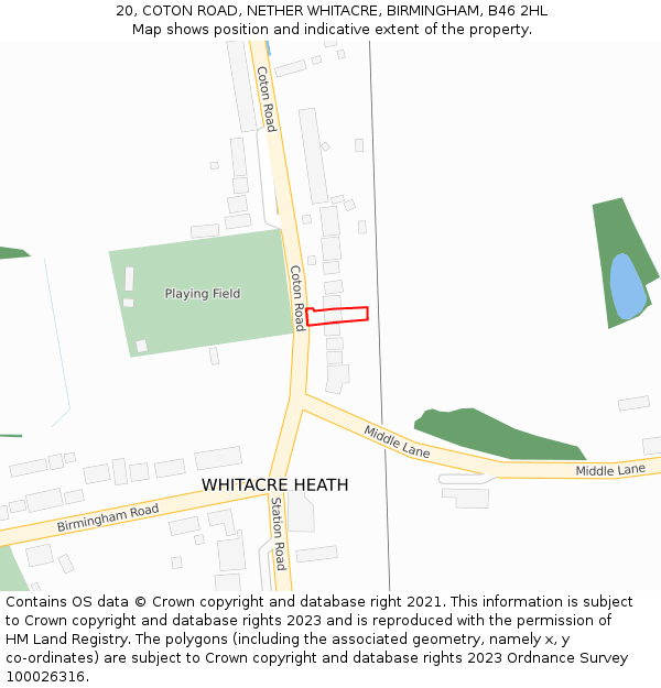 20, COTON ROAD, NETHER WHITACRE, BIRMINGHAM, B46 2HL: Location map and indicative extent of plot