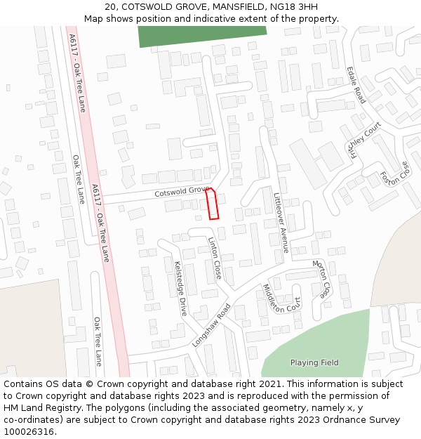 20, COTSWOLD GROVE, MANSFIELD, NG18 3HH: Location map and indicative extent of plot