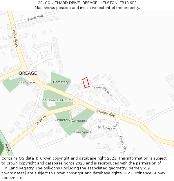 20, COULTHARD DRIVE, BREAGE, HELSTON, TR13 9PF: Location map and indicative extent of plot