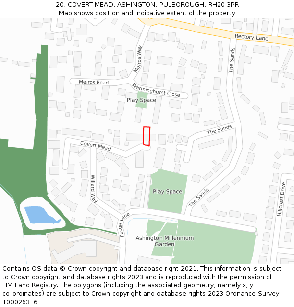 20, COVERT MEAD, ASHINGTON, PULBOROUGH, RH20 3PR: Location map and indicative extent of plot