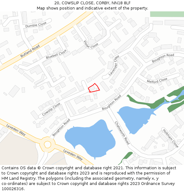20, COWSLIP CLOSE, CORBY, NN18 8LF: Location map and indicative extent of plot