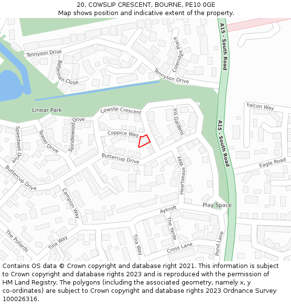 20, COWSLIP CRESCENT, BOURNE, PE10 0GE: Location map and indicative extent of plot