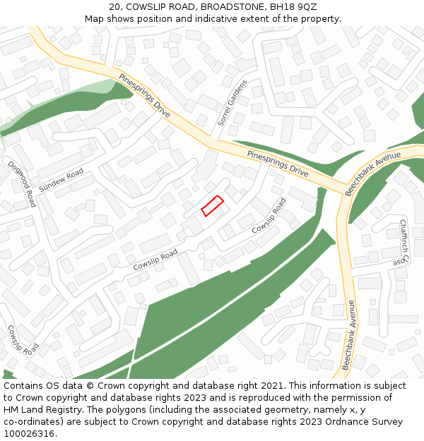 20, COWSLIP ROAD, BROADSTONE, BH18 9QZ: Location map and indicative extent of plot