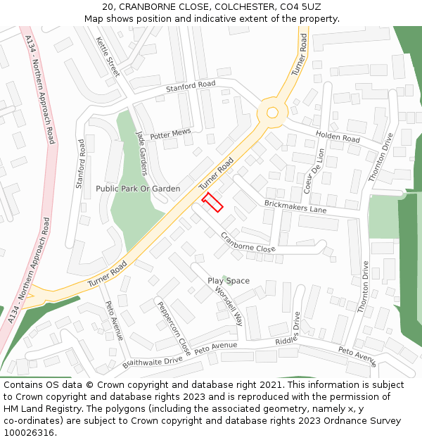 20, CRANBORNE CLOSE, COLCHESTER, CO4 5UZ: Location map and indicative extent of plot