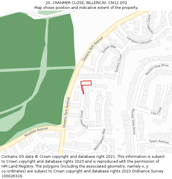 20, CRANMER CLOSE, BILLERICAY, CM12 0YQ: Location map and indicative extent of plot