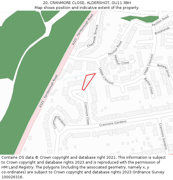 20, CRANMORE CLOSE, ALDERSHOT, GU11 3BH: Location map and indicative extent of plot