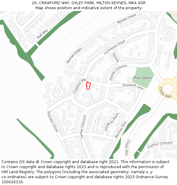 20, CRAWFORD WAY, OXLEY PARK, MILTON KEYNES, MK4 4GR: Location map and indicative extent of plot