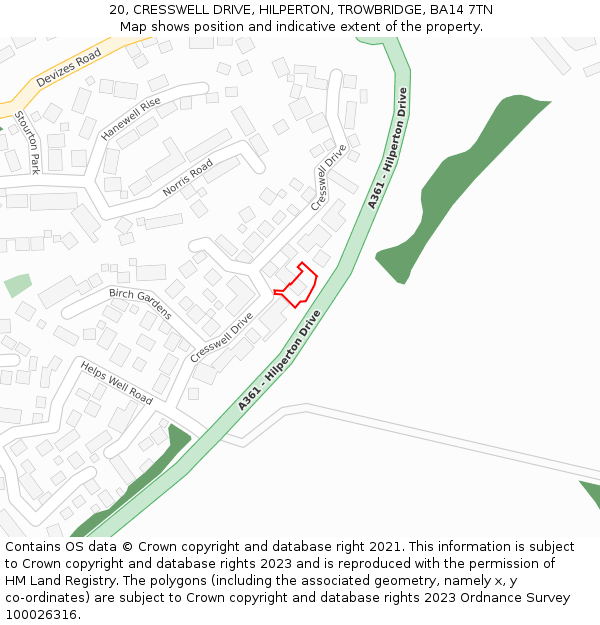 20, CRESSWELL DRIVE, HILPERTON, TROWBRIDGE, BA14 7TN: Location map and indicative extent of plot