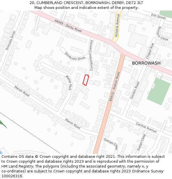 20, CUMBERLAND CRESCENT, BORROWASH, DERBY, DE72 3LT: Location map and indicative extent of plot