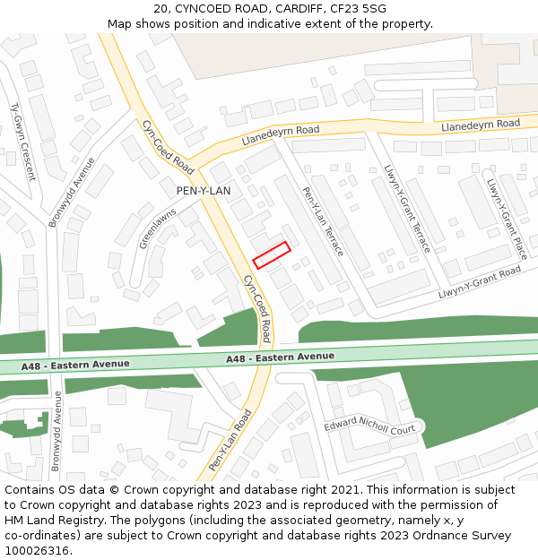 20, CYNCOED ROAD, CARDIFF, CF23 5SG: Location map and indicative extent of plot