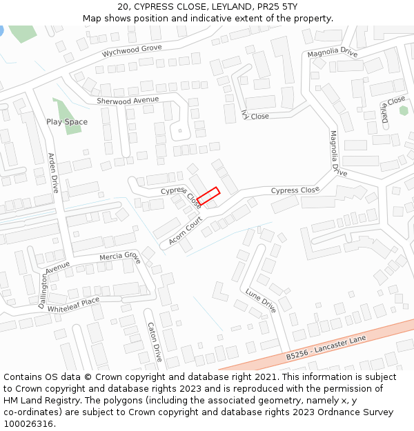 20, CYPRESS CLOSE, LEYLAND, PR25 5TY: Location map and indicative extent of plot