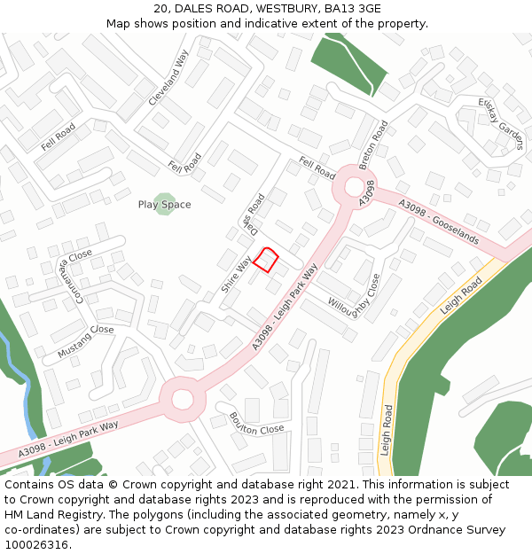 20, DALES ROAD, WESTBURY, BA13 3GE: Location map and indicative extent of plot