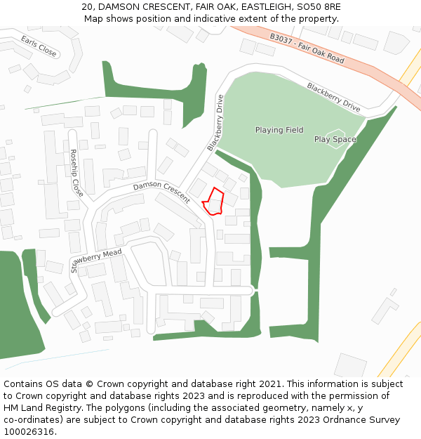 20, DAMSON CRESCENT, FAIR OAK, EASTLEIGH, SO50 8RE: Location map and indicative extent of plot