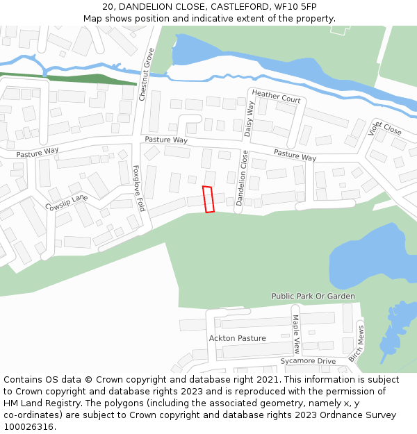 20, DANDELION CLOSE, CASTLEFORD, WF10 5FP: Location map and indicative extent of plot