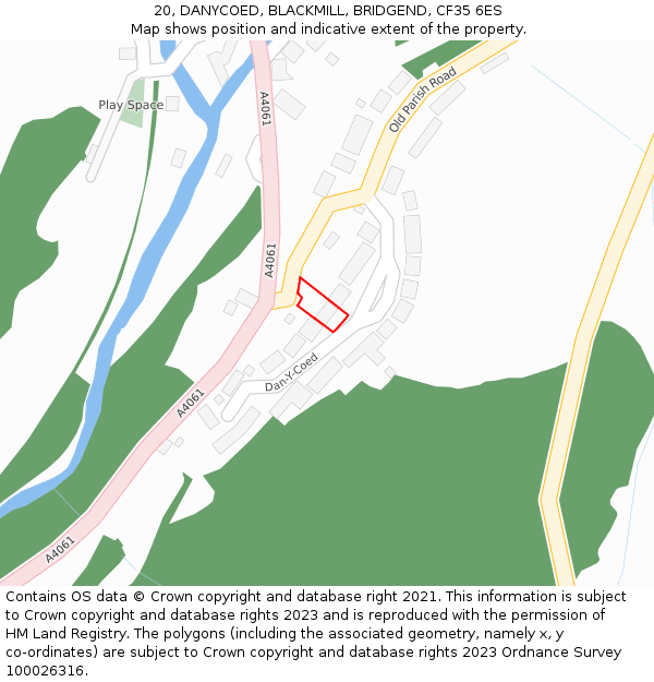 20, DANYCOED, BLACKMILL, BRIDGEND, CF35 6ES: Location map and indicative extent of plot
