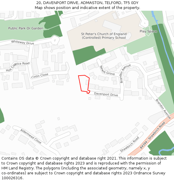 20, DAVENPORT DRIVE, ADMASTON, TELFORD, TF5 0DY: Location map and indicative extent of plot