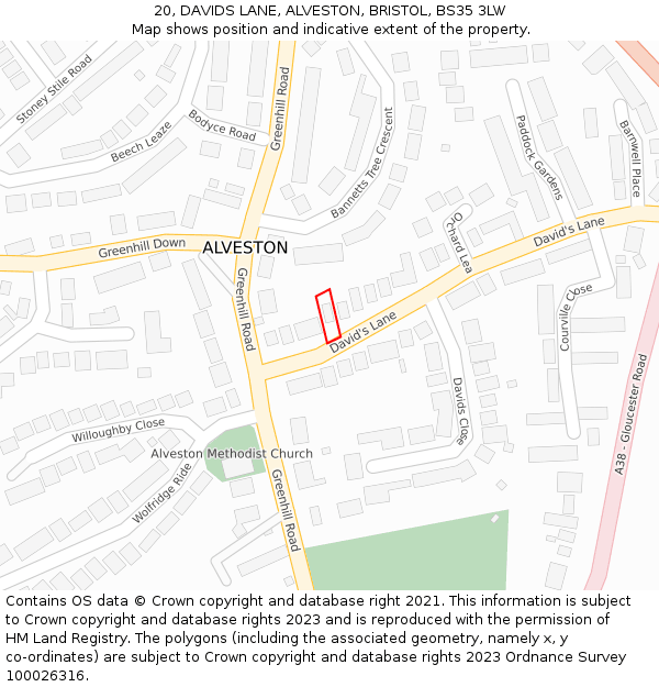 20, DAVIDS LANE, ALVESTON, BRISTOL, BS35 3LW: Location map and indicative extent of plot