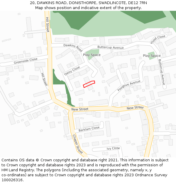 20, DAWKINS ROAD, DONISTHORPE, SWADLINCOTE, DE12 7RN: Location map and indicative extent of plot