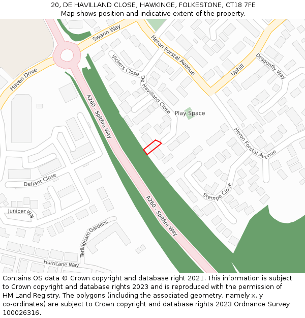 20, DE HAVILLAND CLOSE, HAWKINGE, FOLKESTONE, CT18 7FE: Location map and indicative extent of plot