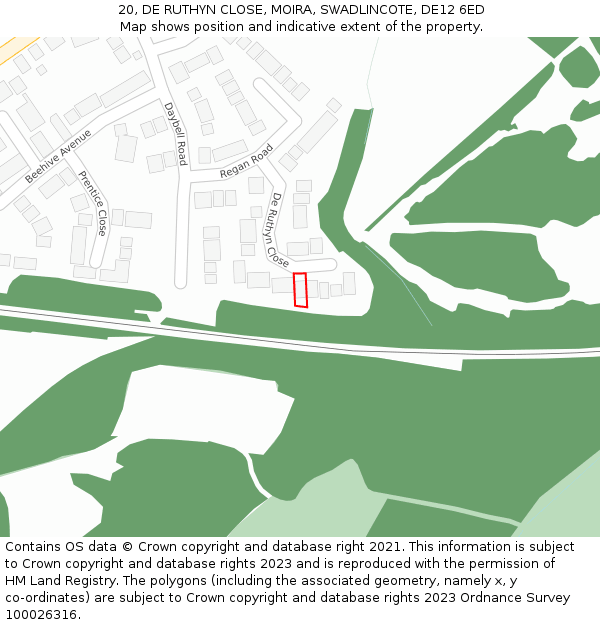 20, DE RUTHYN CLOSE, MOIRA, SWADLINCOTE, DE12 6ED: Location map and indicative extent of plot