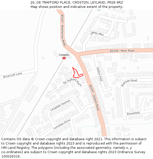 20, DE TRAFFORD PLACE, CROSTON, LEYLAND, PR26 9RZ: Location map and indicative extent of plot