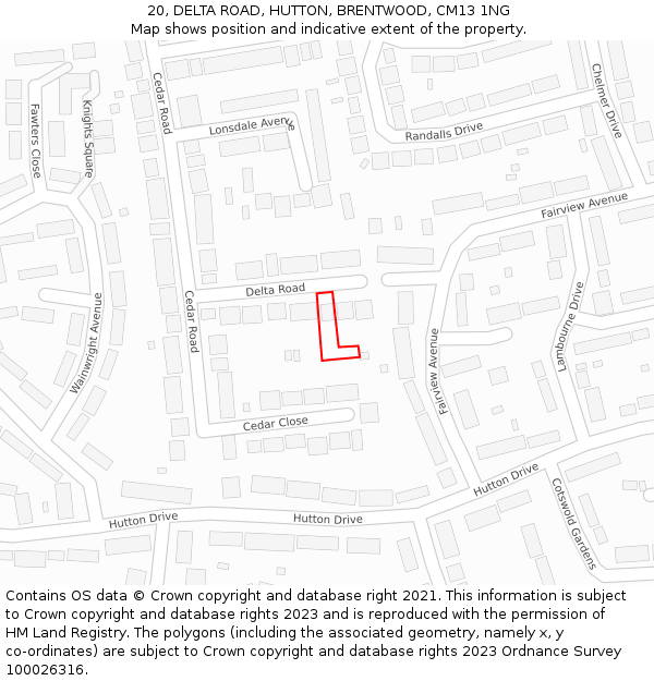 20, DELTA ROAD, HUTTON, BRENTWOOD, CM13 1NG: Location map and indicative extent of plot