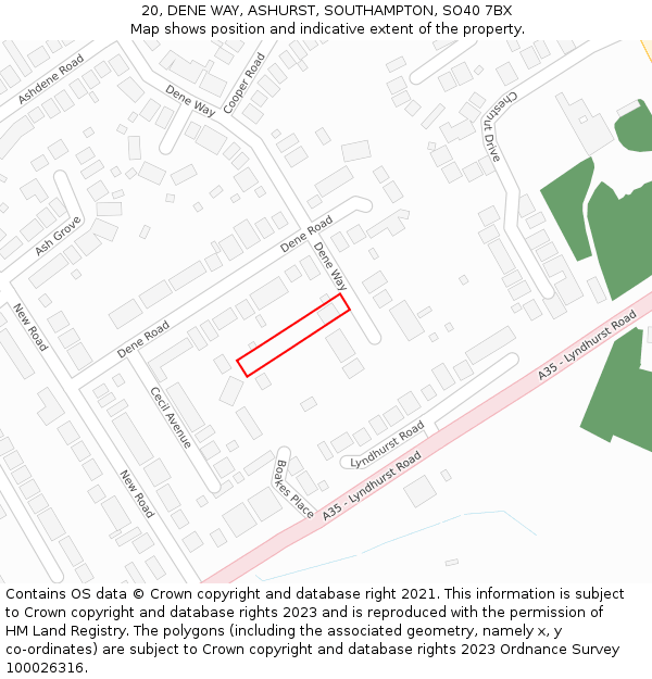 20, DENE WAY, ASHURST, SOUTHAMPTON, SO40 7BX: Location map and indicative extent of plot