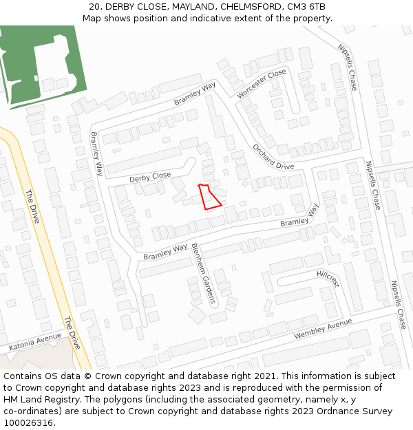 20, DERBY CLOSE, MAYLAND, CHELMSFORD, CM3 6TB: Location map and indicative extent of plot