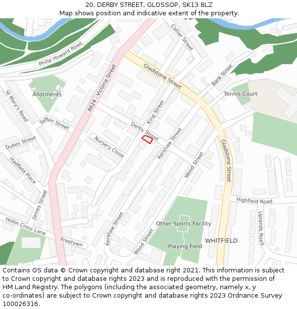 20, DERBY STREET, GLOSSOP, SK13 8LZ: Location map and indicative extent of plot