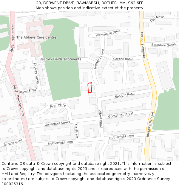 20, DERWENT DRIVE, RAWMARSH, ROTHERHAM, S62 6FE: Location map and indicative extent of plot