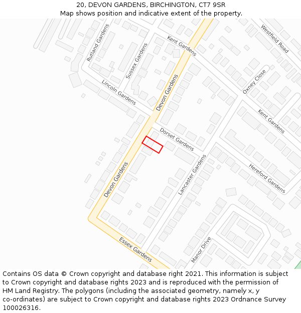 20, DEVON GARDENS, BIRCHINGTON, CT7 9SR: Location map and indicative extent of plot