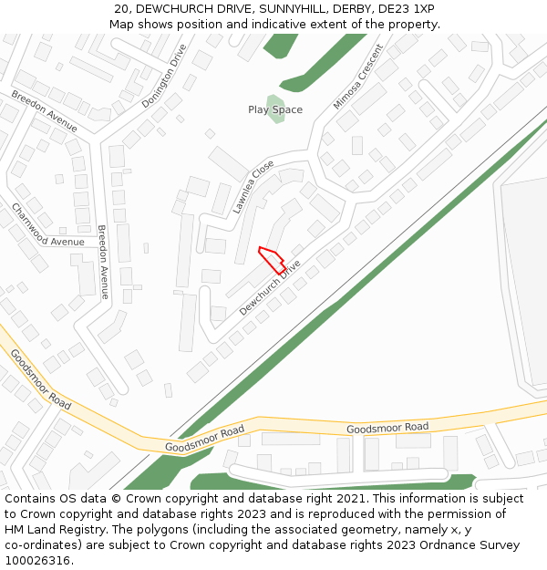 20, DEWCHURCH DRIVE, SUNNYHILL, DERBY, DE23 1XP: Location map and indicative extent of plot