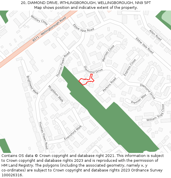 20, DIAMOND DRIVE, IRTHLINGBOROUGH, WELLINGBOROUGH, NN9 5PT: Location map and indicative extent of plot