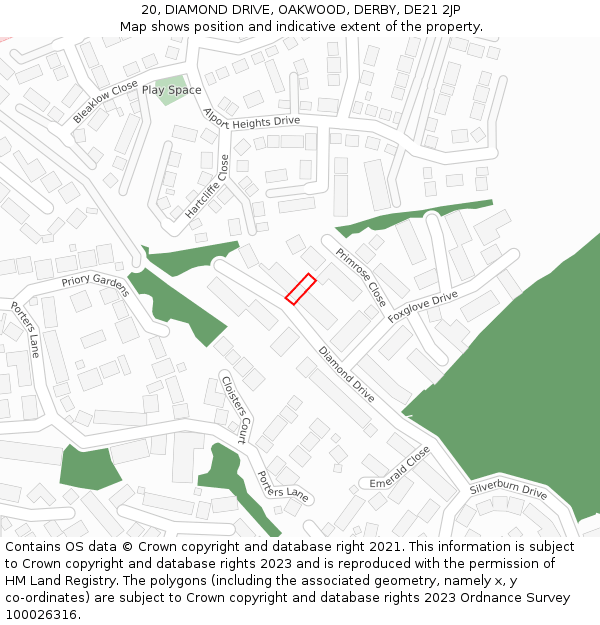 20, DIAMOND DRIVE, OAKWOOD, DERBY, DE21 2JP: Location map and indicative extent of plot