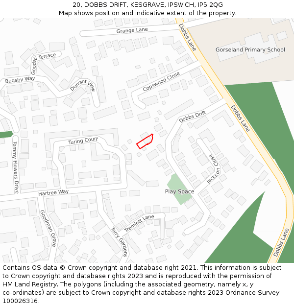 20, DOBBS DRIFT, KESGRAVE, IPSWICH, IP5 2QG: Location map and indicative extent of plot