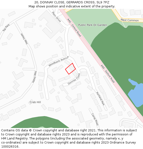 20, DONNAY CLOSE, GERRARDS CROSS, SL9 7PZ: Location map and indicative extent of plot