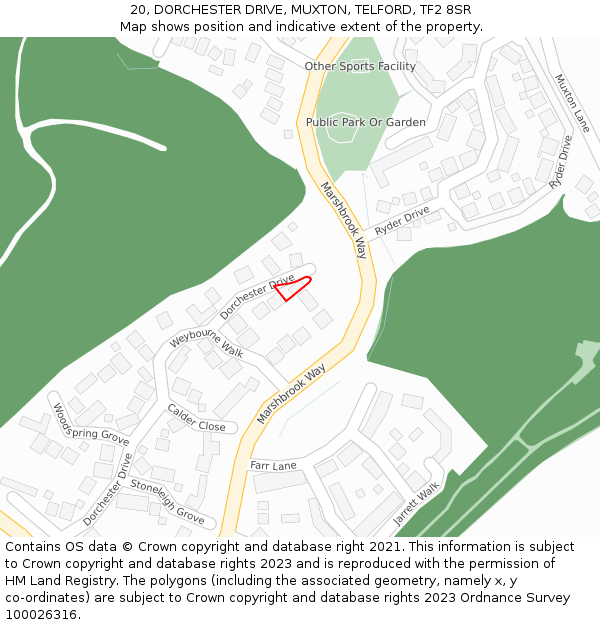 20, DORCHESTER DRIVE, MUXTON, TELFORD, TF2 8SR: Location map and indicative extent of plot