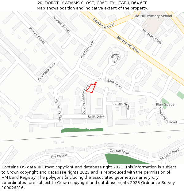 20, DOROTHY ADAMS CLOSE, CRADLEY HEATH, B64 6EF: Location map and indicative extent of plot