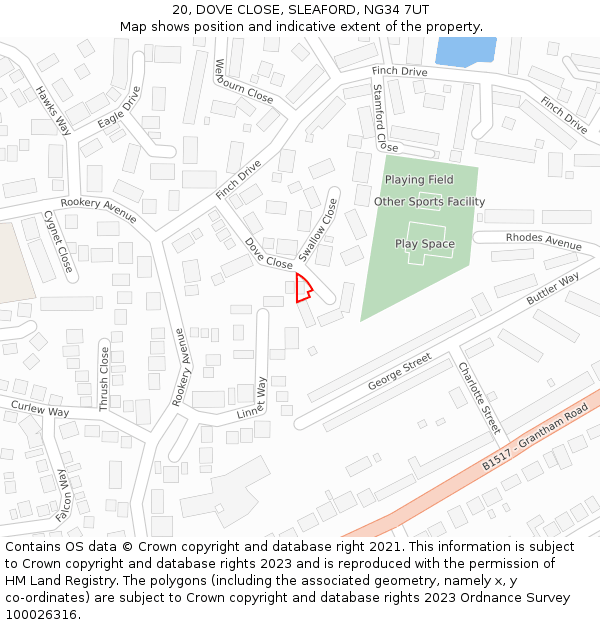 20, DOVE CLOSE, SLEAFORD, NG34 7UT: Location map and indicative extent of plot