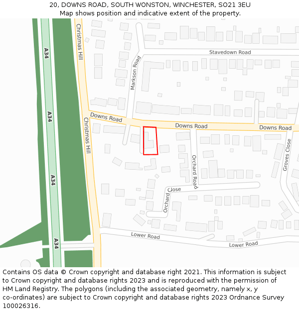 20, DOWNS ROAD, SOUTH WONSTON, WINCHESTER, SO21 3EU: Location map and indicative extent of plot