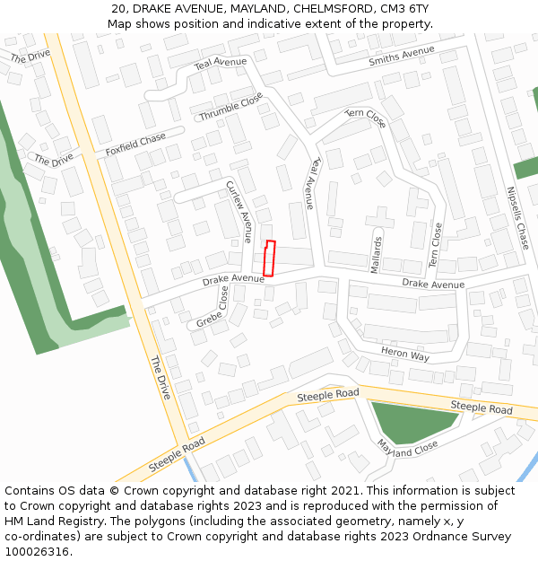 20, DRAKE AVENUE, MAYLAND, CHELMSFORD, CM3 6TY: Location map and indicative extent of plot