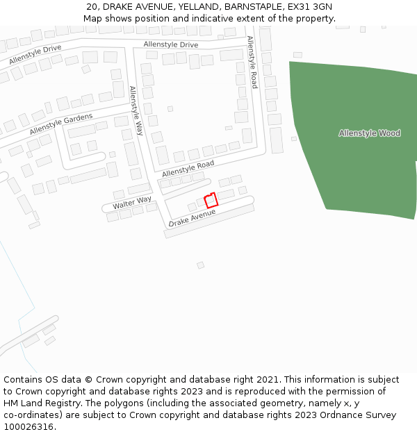 20, DRAKE AVENUE, YELLAND, BARNSTAPLE, EX31 3GN: Location map and indicative extent of plot