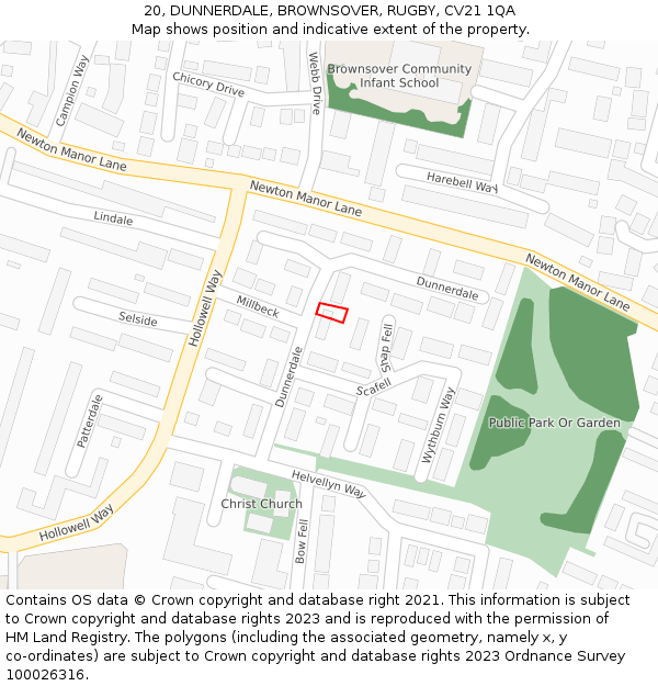 20, DUNNERDALE, BROWNSOVER, RUGBY, CV21 1QA: Location map and indicative extent of plot