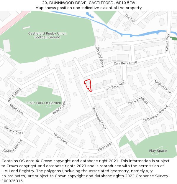 20, DUNNIWOOD DRIVE, CASTLEFORD, WF10 5EW: Location map and indicative extent of plot