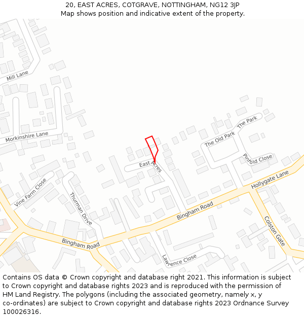 20, EAST ACRES, COTGRAVE, NOTTINGHAM, NG12 3JP: Location map and indicative extent of plot