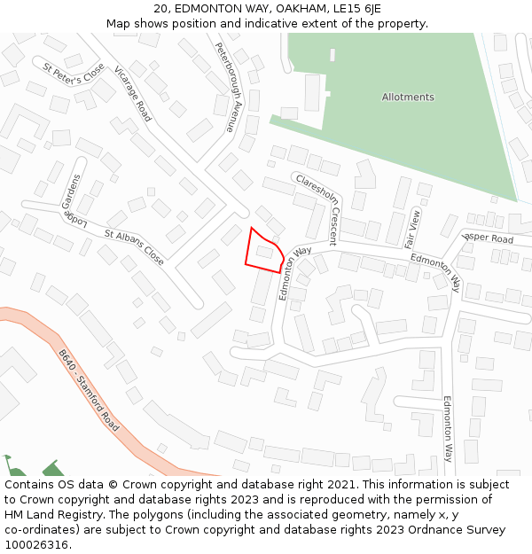 20, EDMONTON WAY, OAKHAM, LE15 6JE: Location map and indicative extent of plot