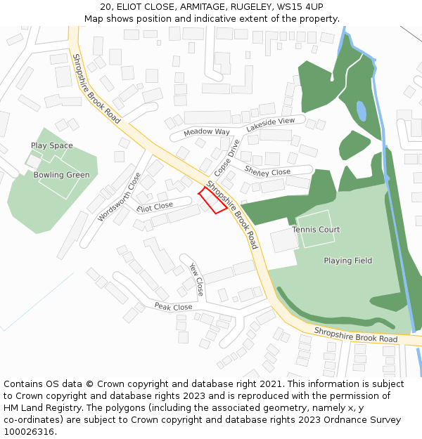 20, ELIOT CLOSE, ARMITAGE, RUGELEY, WS15 4UP: Location map and indicative extent of plot