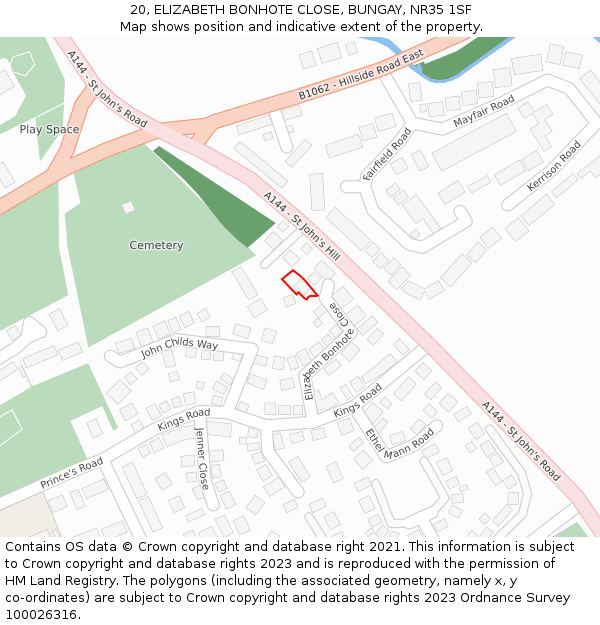 20, ELIZABETH BONHOTE CLOSE, BUNGAY, NR35 1SF: Location map and indicative extent of plot