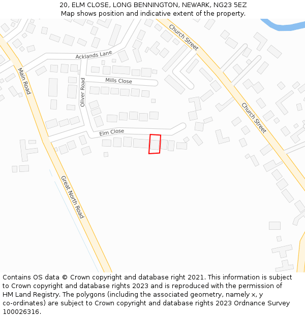 20, ELM CLOSE, LONG BENNINGTON, NEWARK, NG23 5EZ: Location map and indicative extent of plot