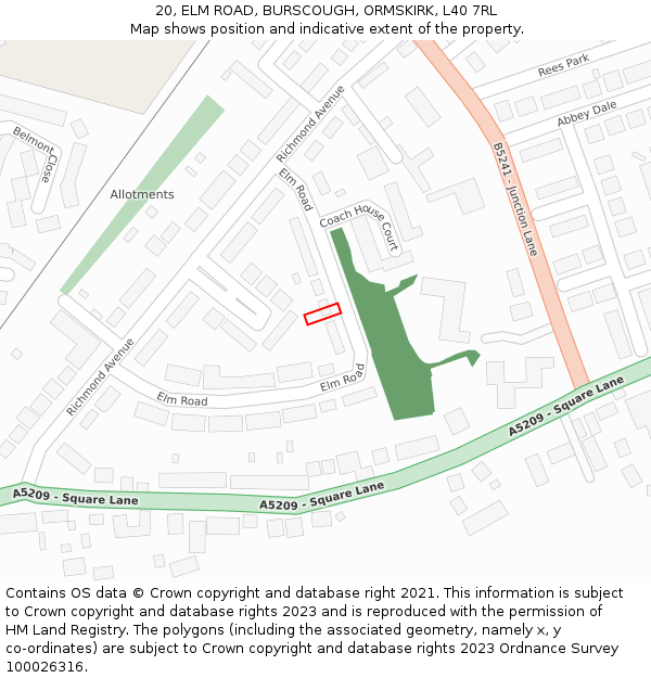 20, ELM ROAD, BURSCOUGH, ORMSKIRK, L40 7RL: Location map and indicative extent of plot